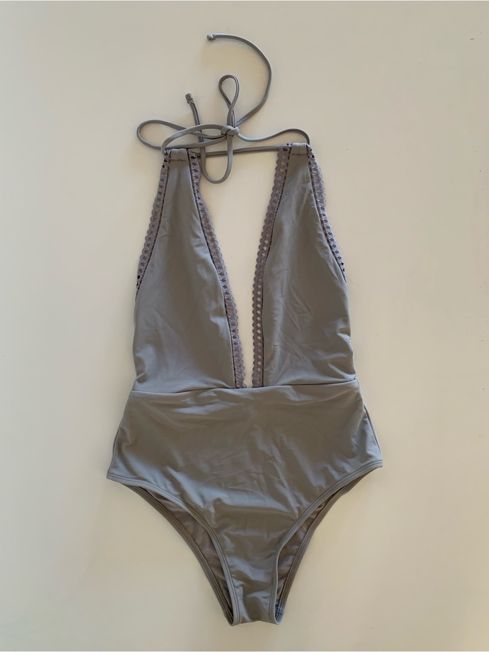 aerie Deep V Halter One-Piece Swimsuit in Taupe Gray